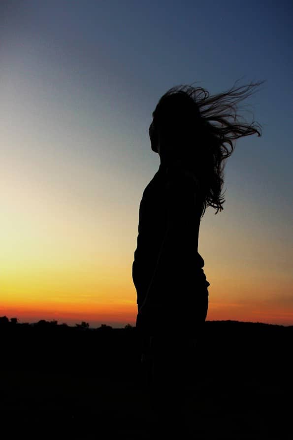 Silhouette of a person with windblown hair against a vibrant sunset sky